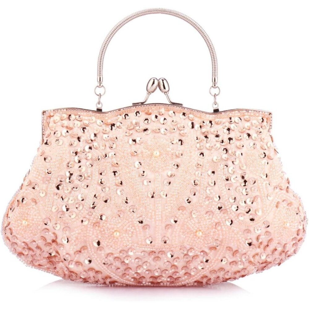 BEADED Sequin Flower Clutch Bag Champagne - Picture 1 of 8
